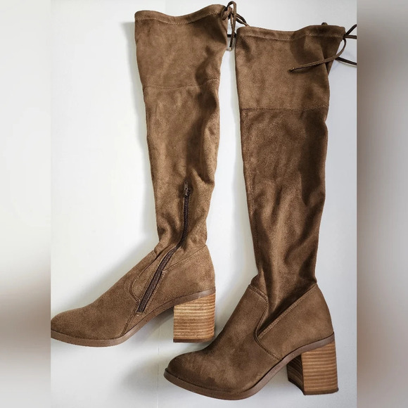 Steve Madden Women Brown Over The Knee Fabric Stretch Side Zipper w/ Tie, sz 7.5 - Picture 4 of 16